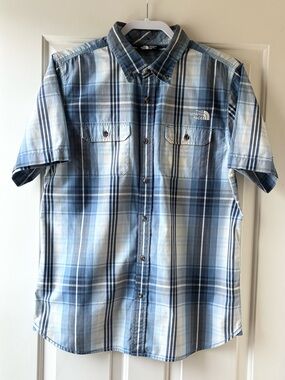 The North Face Men's Button-Up Shirt Short Sleeve Plaid Blue & White Size M